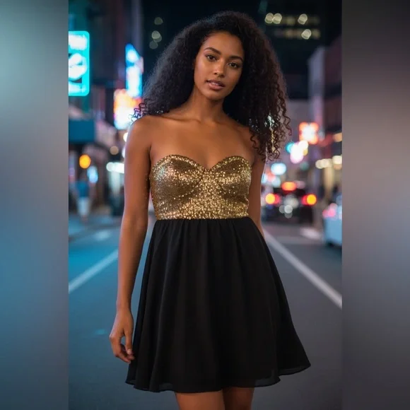 Windsor Gold Sequin Bodice Strapless Black Skater Dress